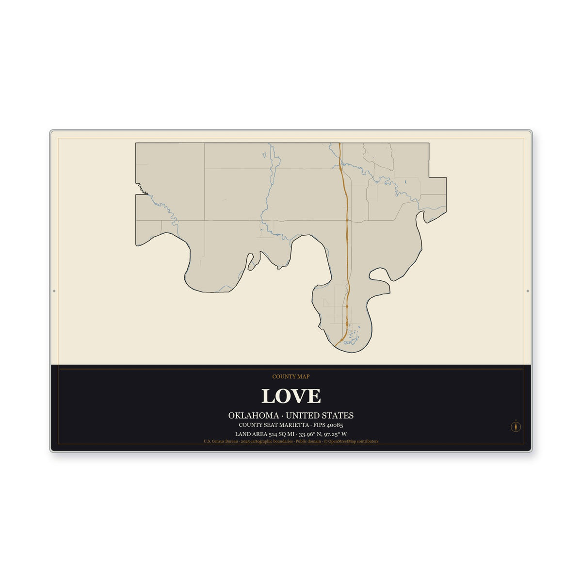 Love County, Oklahoma Map Aluminum Sign in Museum Plaque style