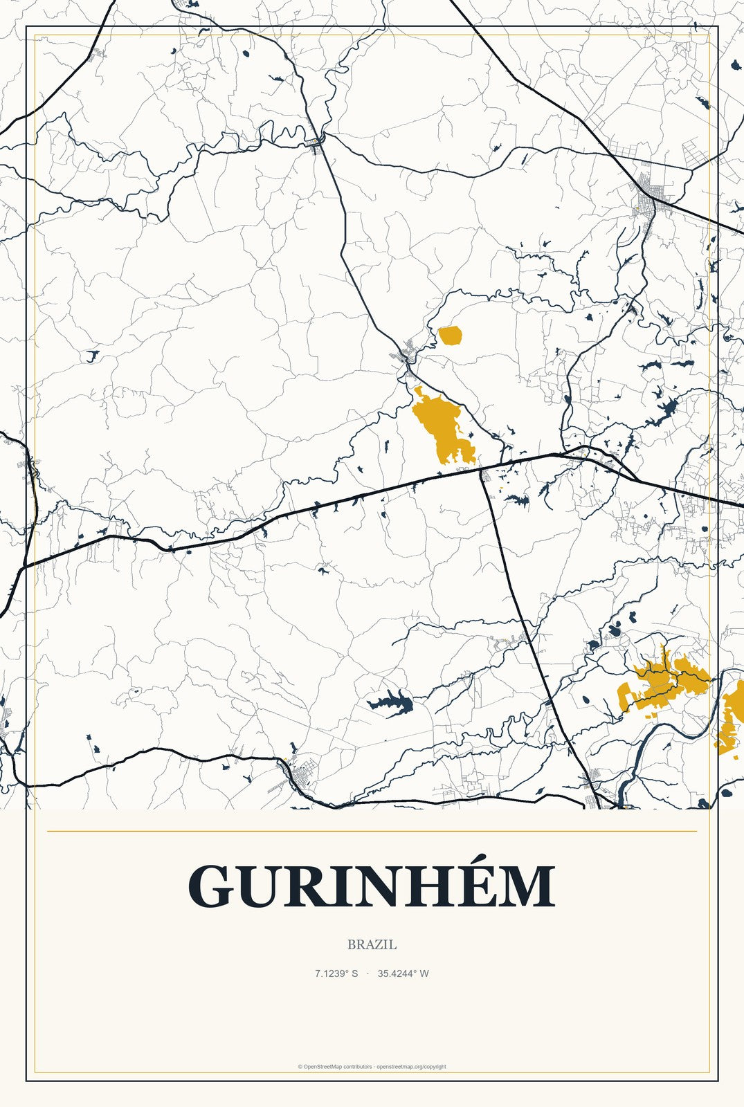Gurinhém, Brazil City Map Aluminum Sign in Citrine Modern style