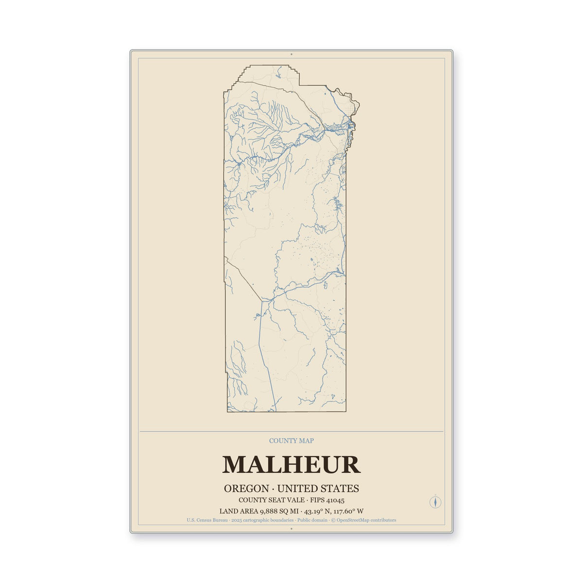 Malheur County, Oregon Map Aluminum Sign in Heritage Nautical style
