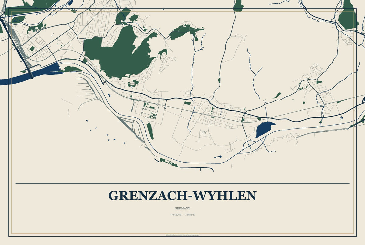 Grenzach-Wyhlen, Germany City Map Aluminum Sign in Coastal Cutout style