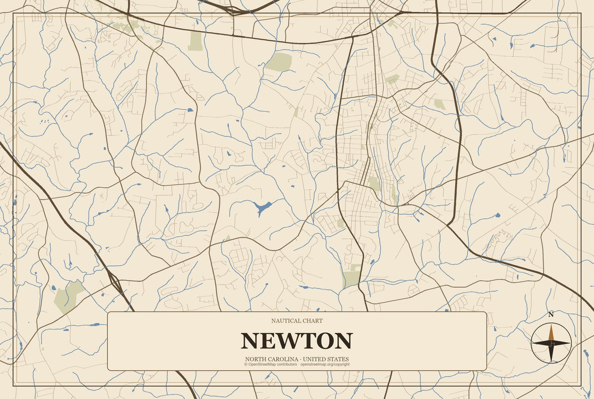 Newton, North Carolina City Map Aluminum Sign in Heritage Nautical style