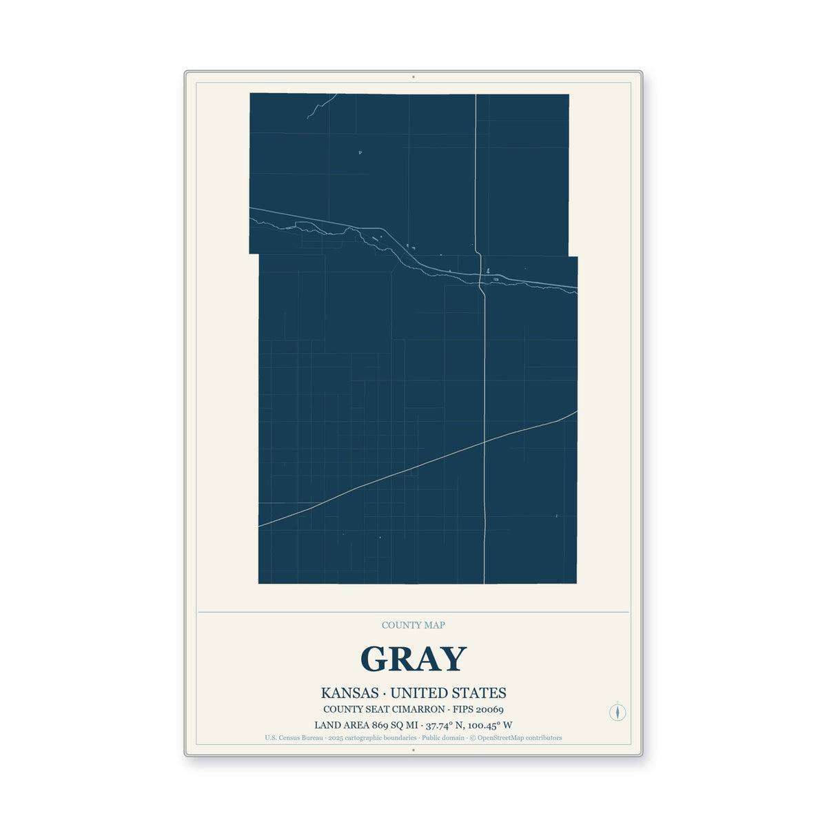 Gray County, Kansas Map Aluminum Sign in Coastal Cutout style