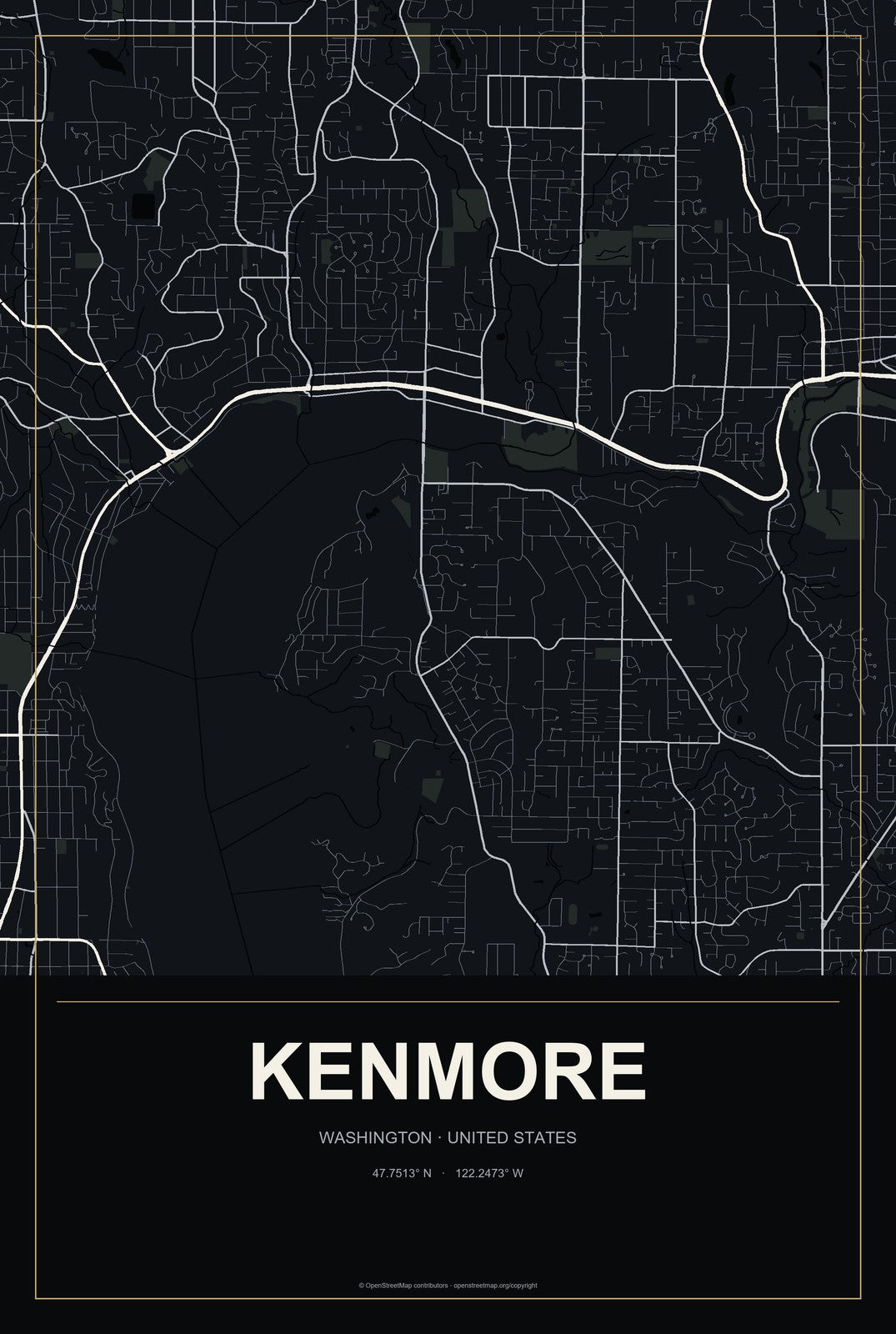 Kenmore, Washington City Map Aluminum Sign in Metropolitan Noir style