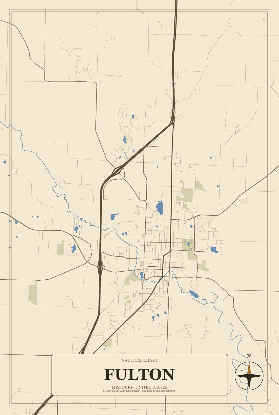 Fulton, Missouri City Map Aluminum Sign in Heritage Nautical style