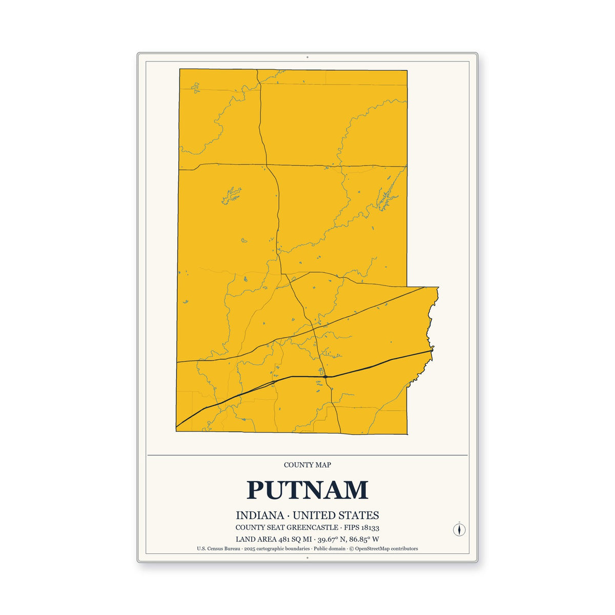 Putnam County, Indiana Map Aluminum Sign in Citrine Modern style