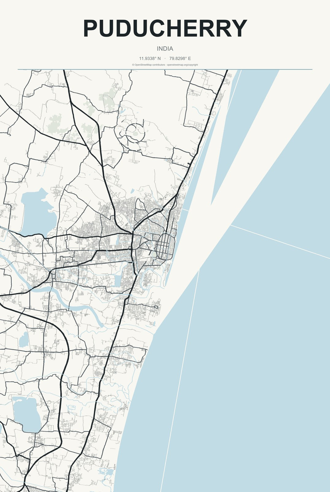 Puducherry, India City Map Aluminum Sign in Headline Atlas style