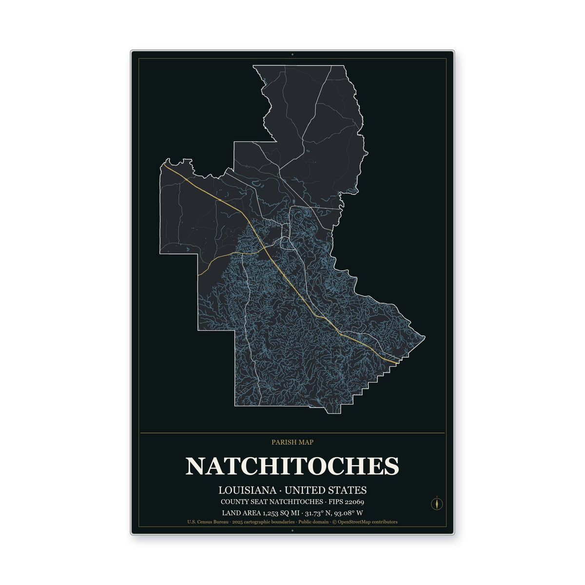 Natchitoches Parish, Louisiana Map Aluminum Sign in Metropolitan Noir style