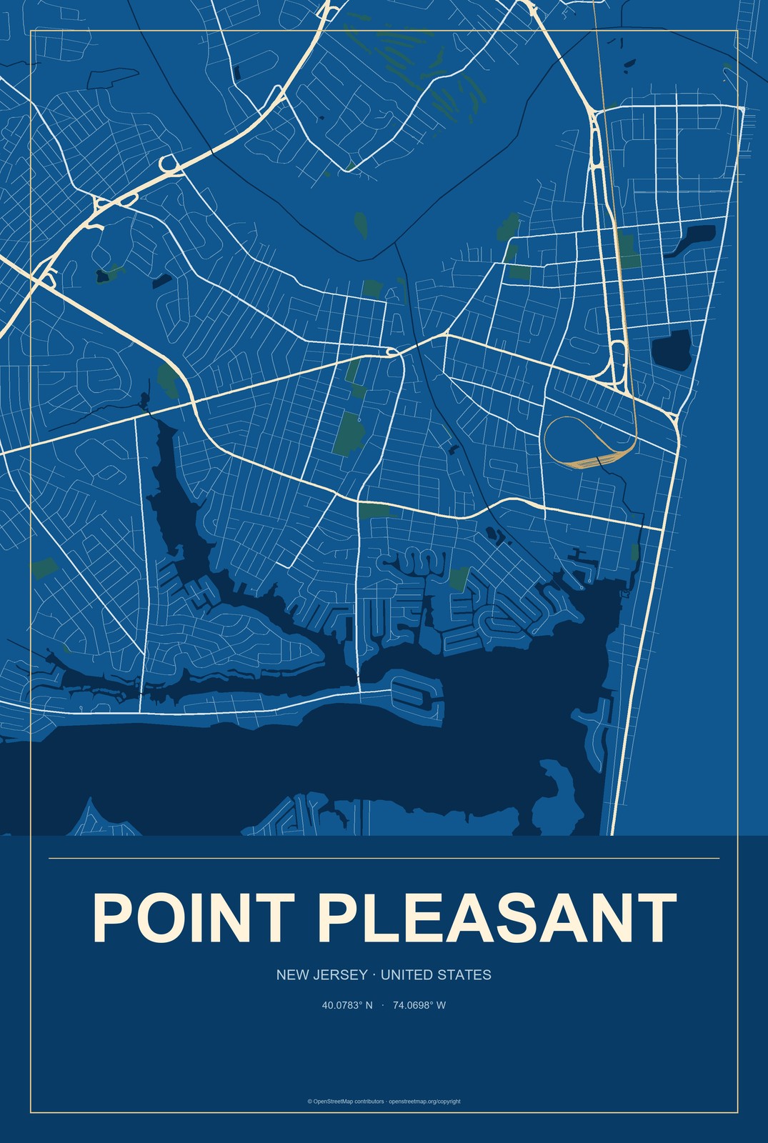 Point Pleasant, New Jersey City Map Aluminum Sign in Harbor Cobalt style