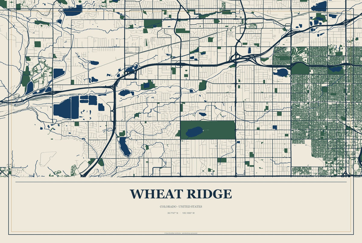 Wheat Ridge, Colorado City Map Aluminum Sign in Coastal Cutout style