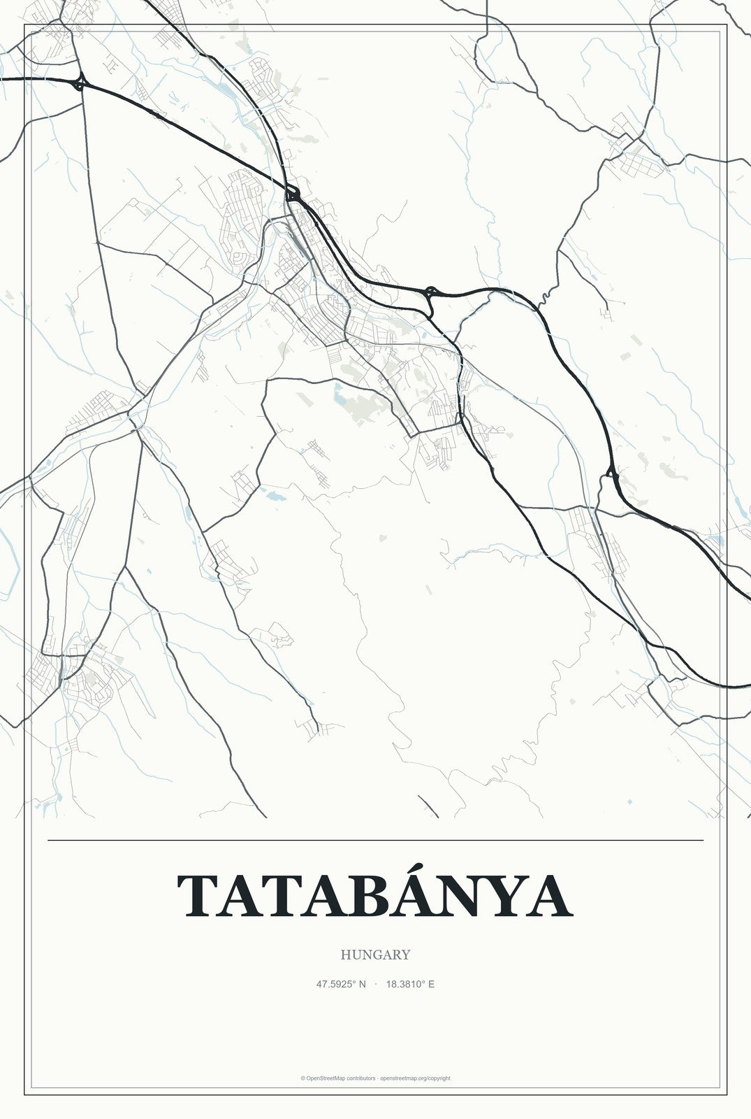 Tatabánya, Hungary City Map Aluminum Sign in Gallery Air style