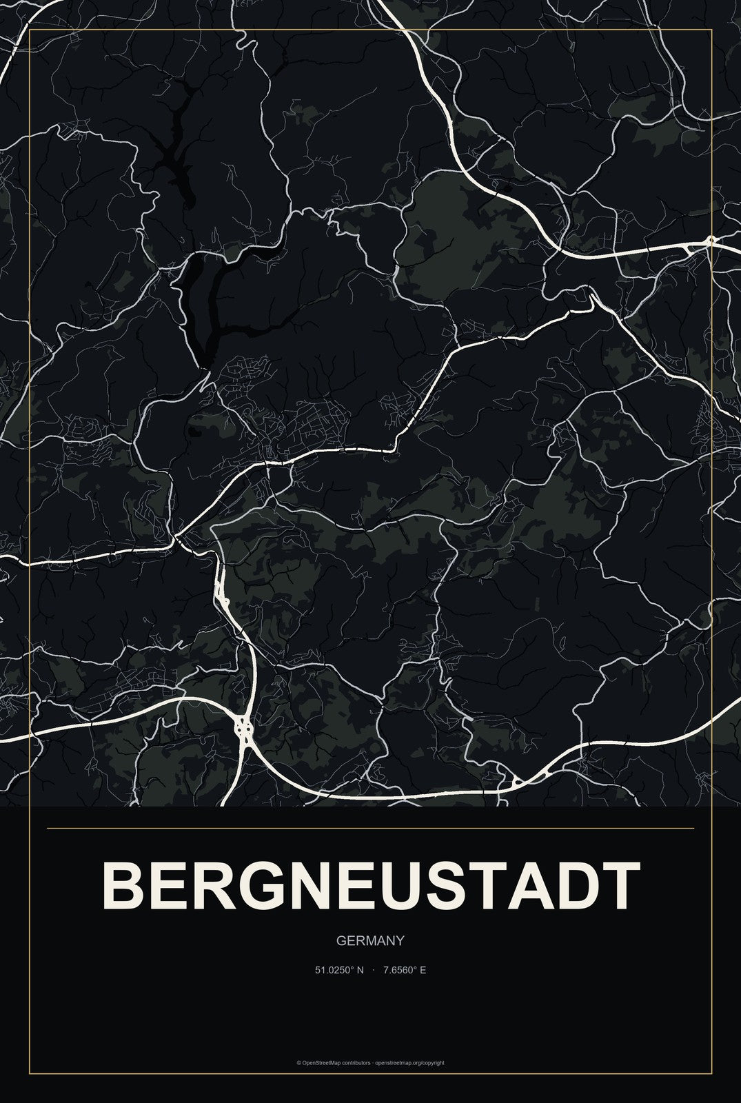 Bergneustadt, Germany City Map Aluminum Sign in Metropolitan Noir style