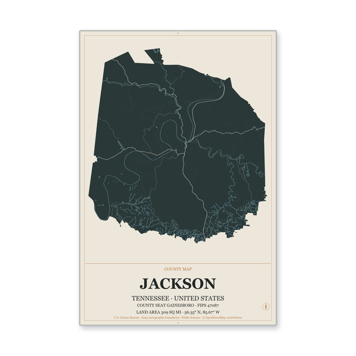 Jackson County, Tennessee Map Aluminum Sign in Headline Atlas style