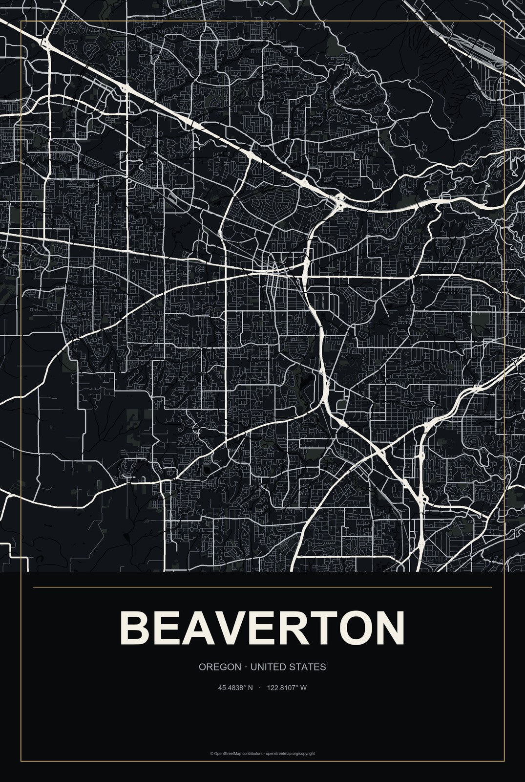 Beaverton, Oregon City Map Aluminum Sign in Metropolitan Noir style