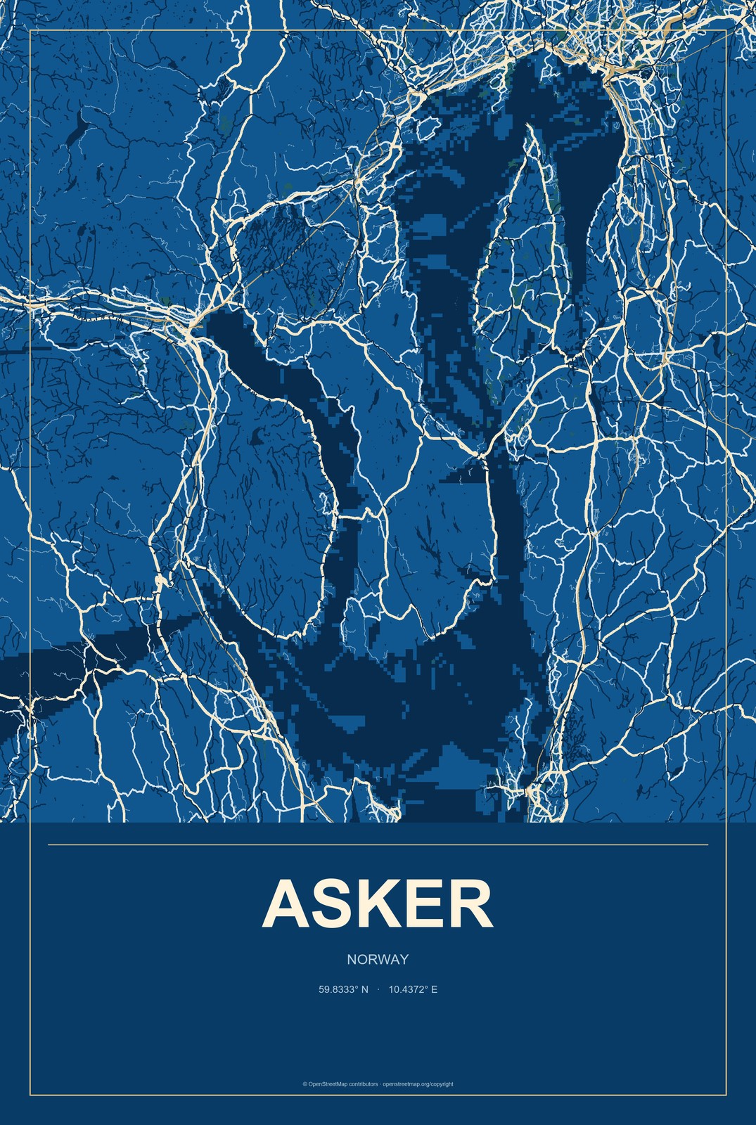 Asker, Norway City Map Aluminum Sign in Harbor Cobalt style