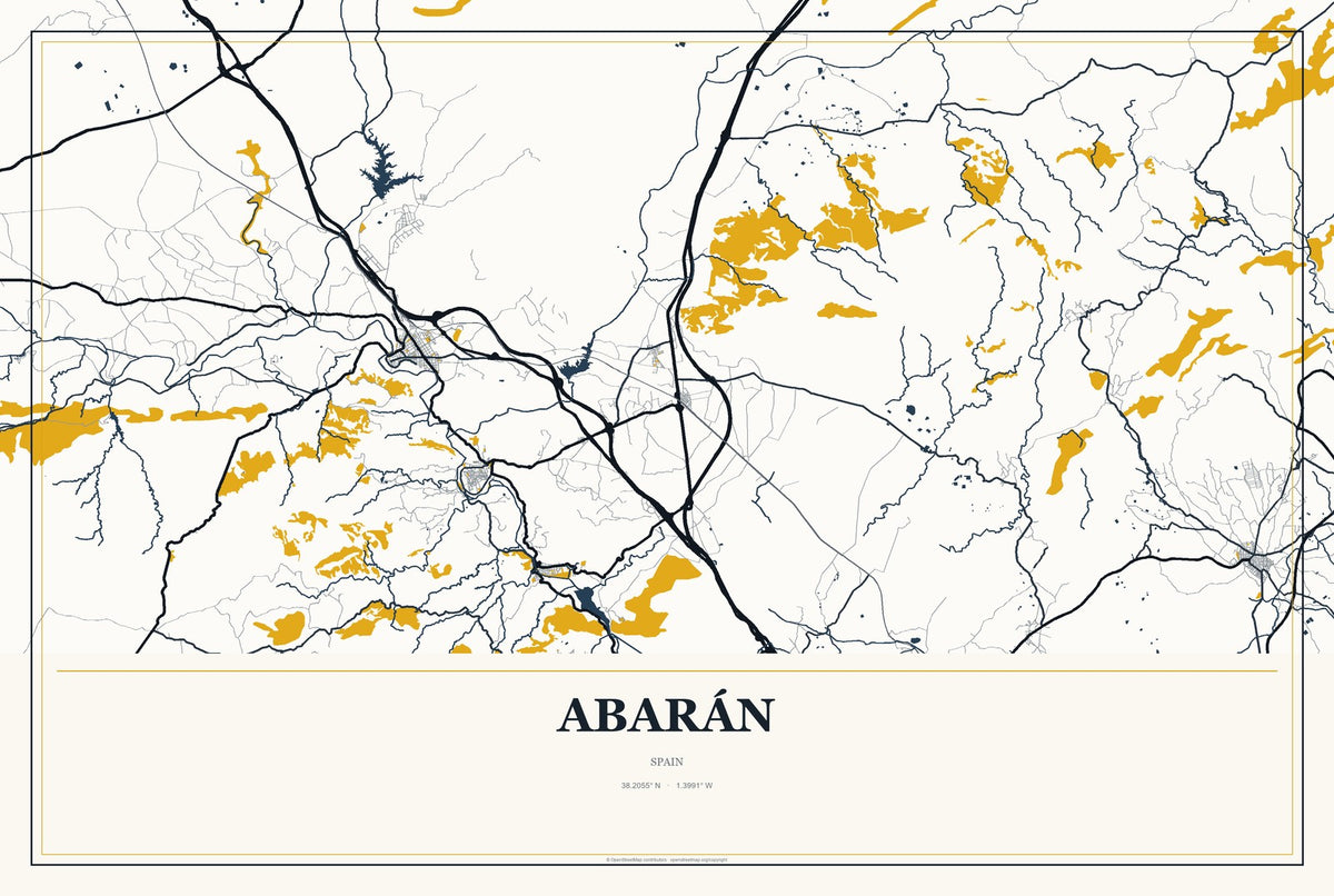 Abarán, Spain City Map Aluminum Sign in Citrine Modern style