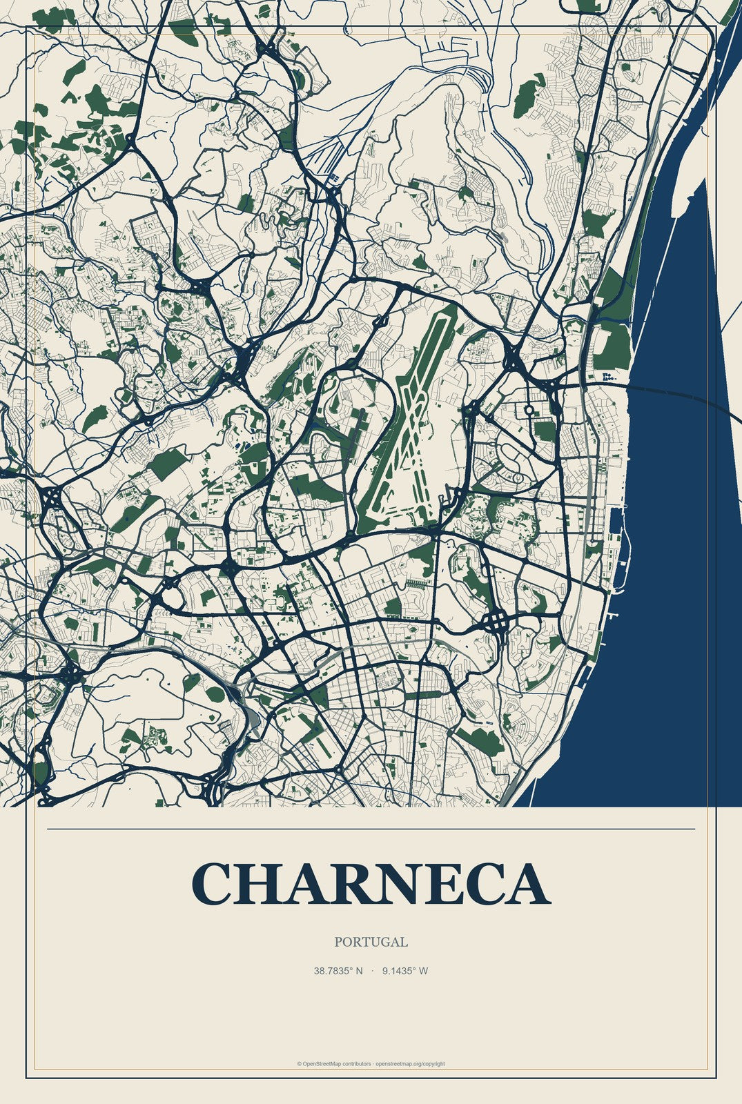 Charneca, Portugal City Map Aluminum Sign in Coastal Cutout style