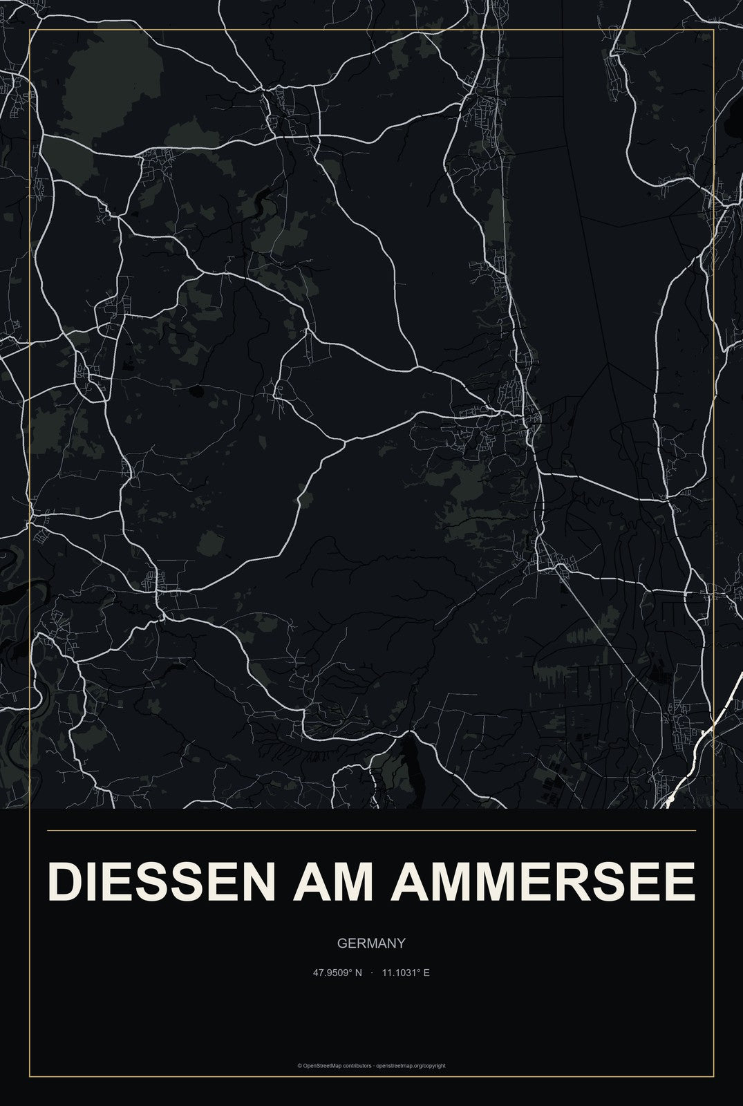 Dießen am Ammersee, Germany City Map Aluminum Sign in Metropolitan Noir style