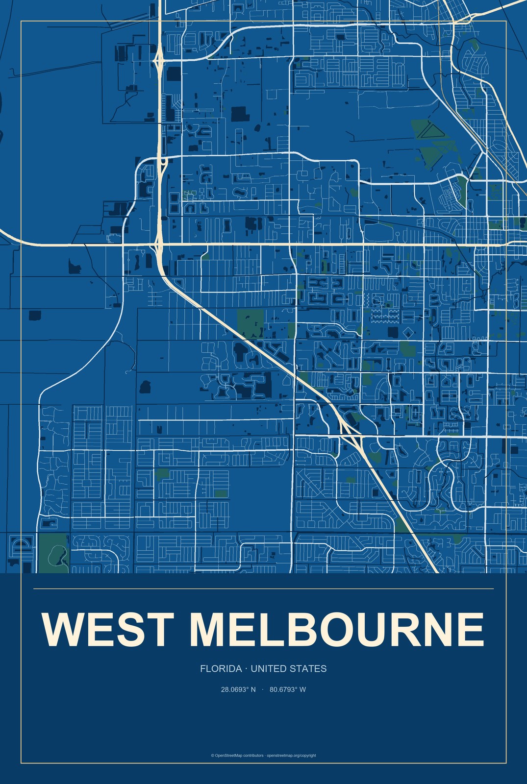 West Melbourne, Florida City Map Aluminum Sign in Harbor Cobalt style
