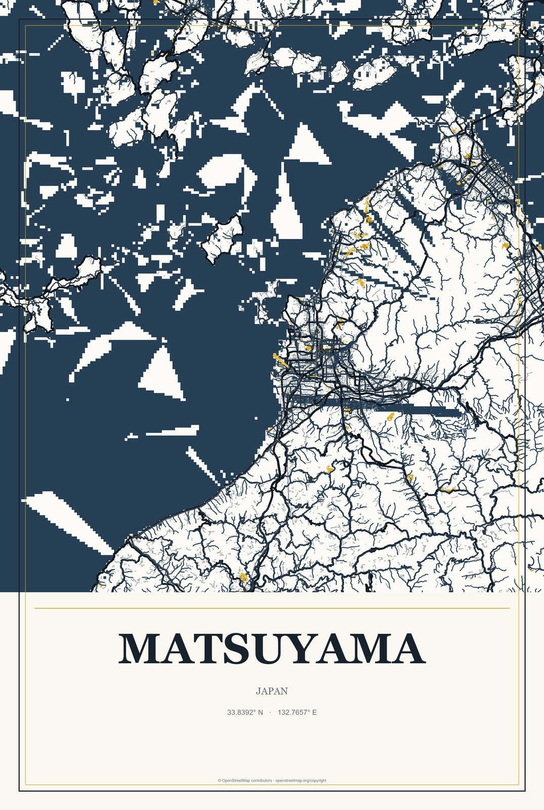 Matsuyama, Japan City Map Aluminum Sign in Citrine Modern style