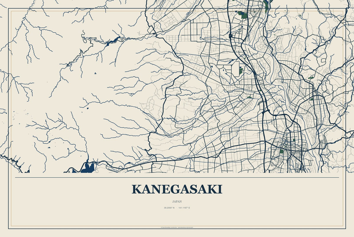 Kanegasaki, Japan City Map Aluminum Sign in Coastal Cutout style