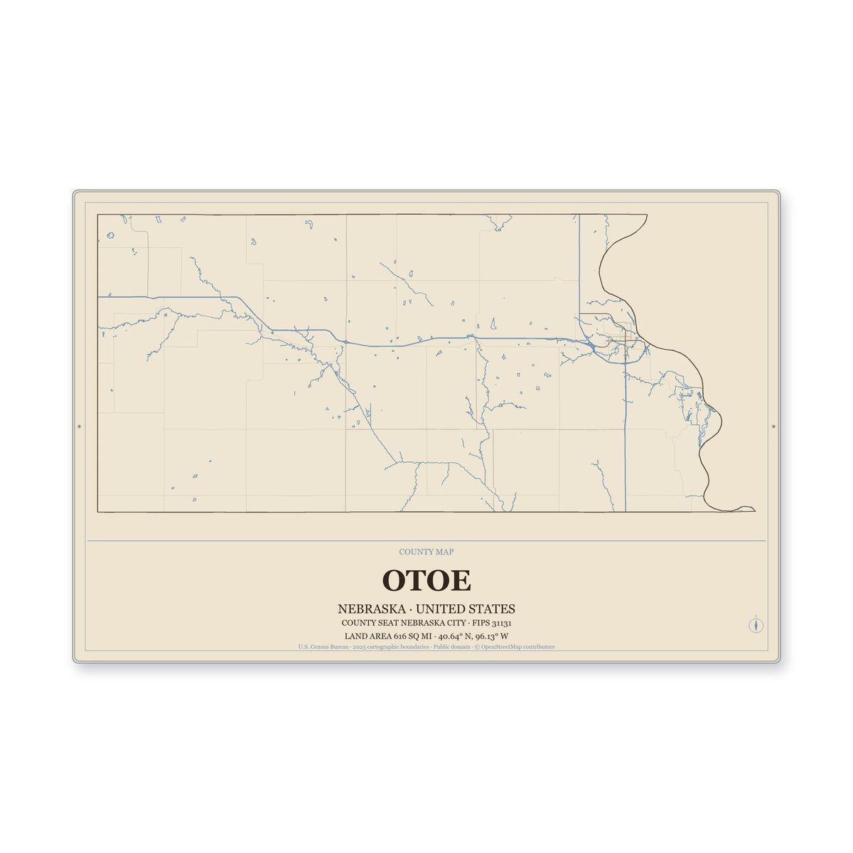 Otoe County, Nebraska Map Aluminum Sign in Heritage Nautical style