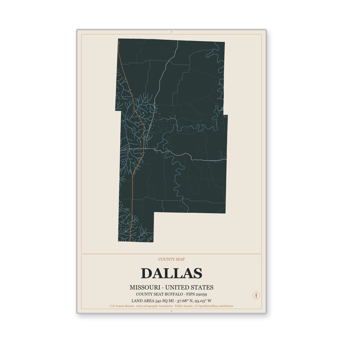 Dallas County, Missouri Map Aluminum Sign in Headline Atlas style