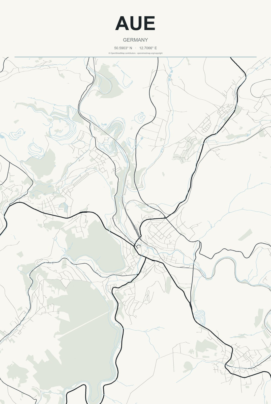 Aue, Germany City Map Aluminum Sign in Headline Atlas style