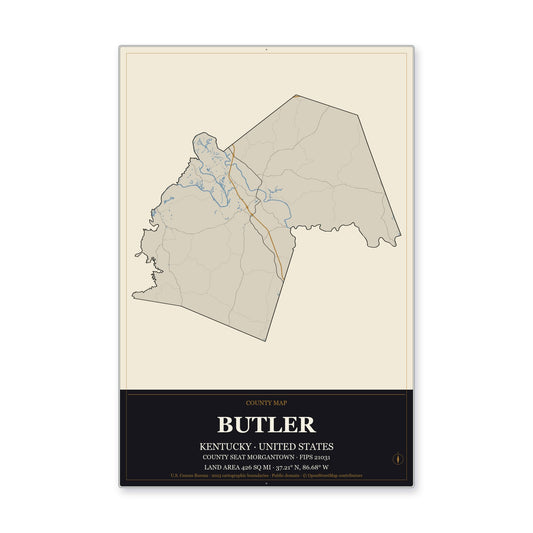Butler County, Kentucky Map Aluminum Sign in Museum Plaque style