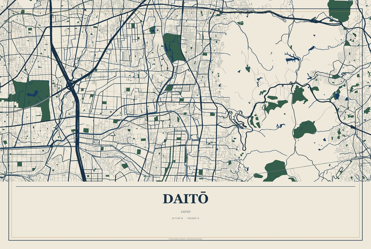 Daitō, Japan City Map Aluminum Sign in Coastal Cutout style
