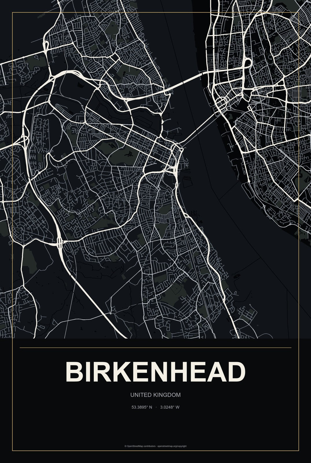 Birkenhead, United Kingdom City Map Aluminum Sign in Metropolitan Noir style