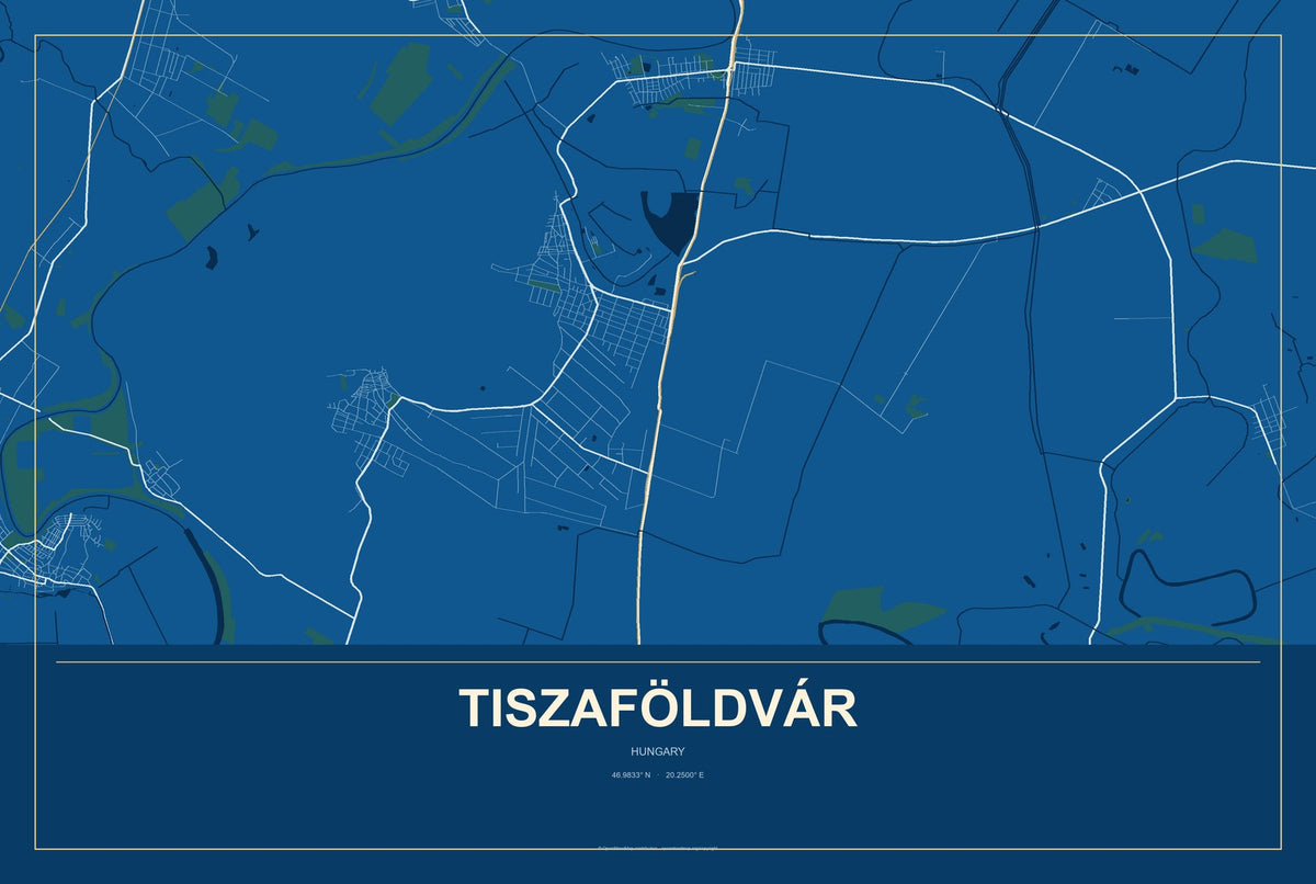 Tiszaföldvár, Hungary City Map Aluminum Sign in Harbor Cobalt style