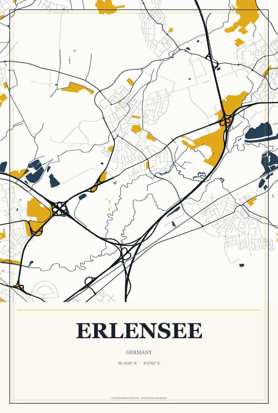 Erlensee, Germany City Map Aluminum Sign in Citrine Modern style