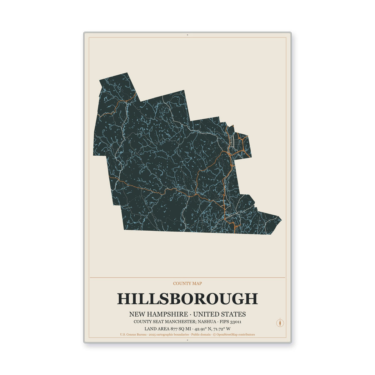 Hillsborough County, New Hampshire Map Aluminum Sign in Headline Atlas style