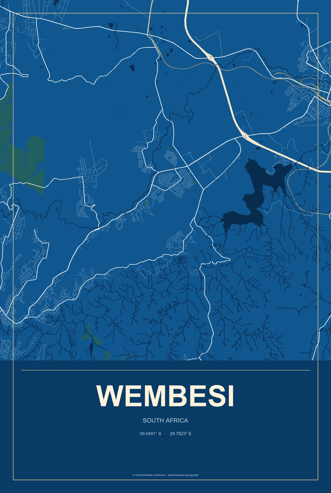 Wembesi, South Africa City Map Aluminum Sign in Harbor Cobalt style