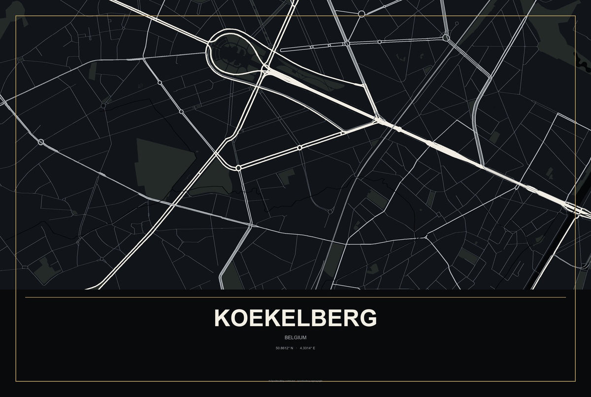 Koekelberg, Belgium City Map Aluminum Sign in Metropolitan Noir style
