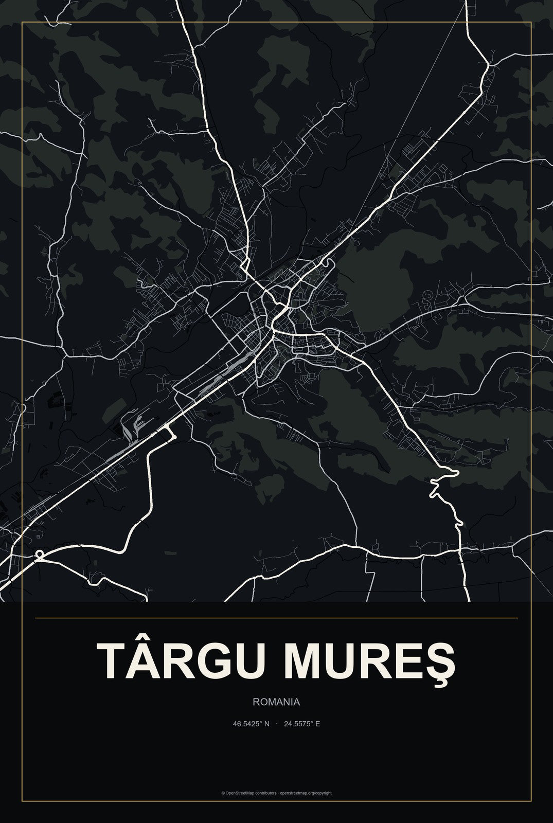 Târgu Mureş, Romania City Map Aluminum Sign in Metropolitan Noir style