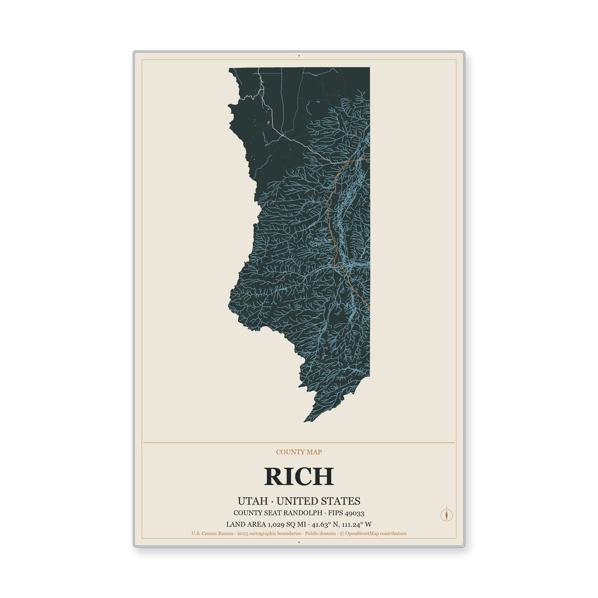 Rich County, Utah Map Aluminum Sign in Headline Atlas style
