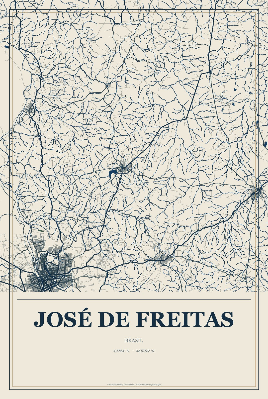 José de Freitas, Brazil City Map Aluminum Sign in Coastal Cutout style