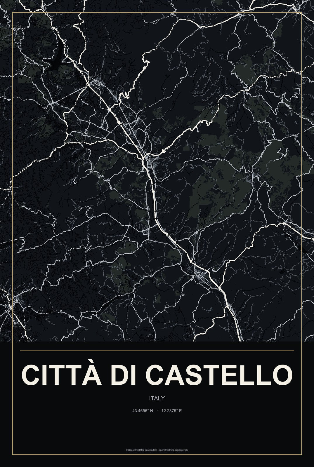 Città di Castello, Italy City Map Aluminum Sign in Metropolitan Noir style