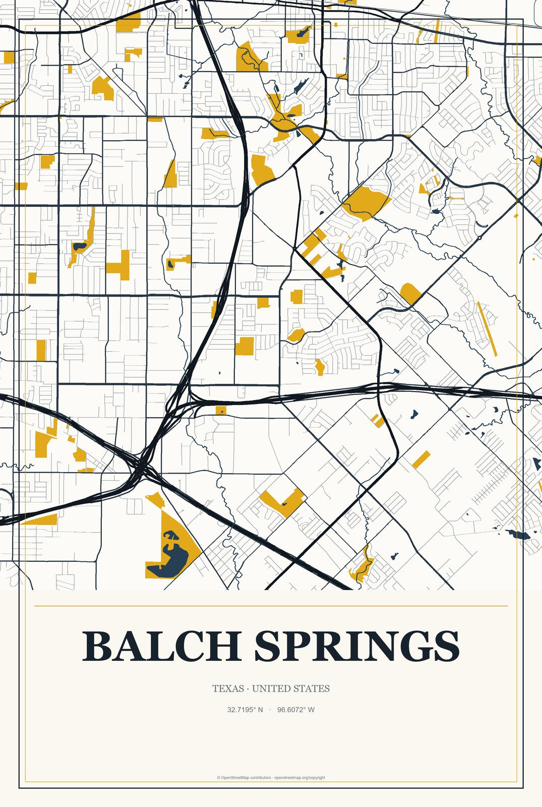 Balch Springs, Texas City Map Aluminum Sign in Citrine Modern style