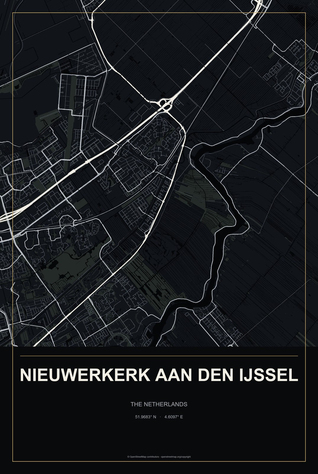 Nieuwerkerk aan den IJssel, The Netherlands City Map Aluminum Sign in Metropolitan Noir style