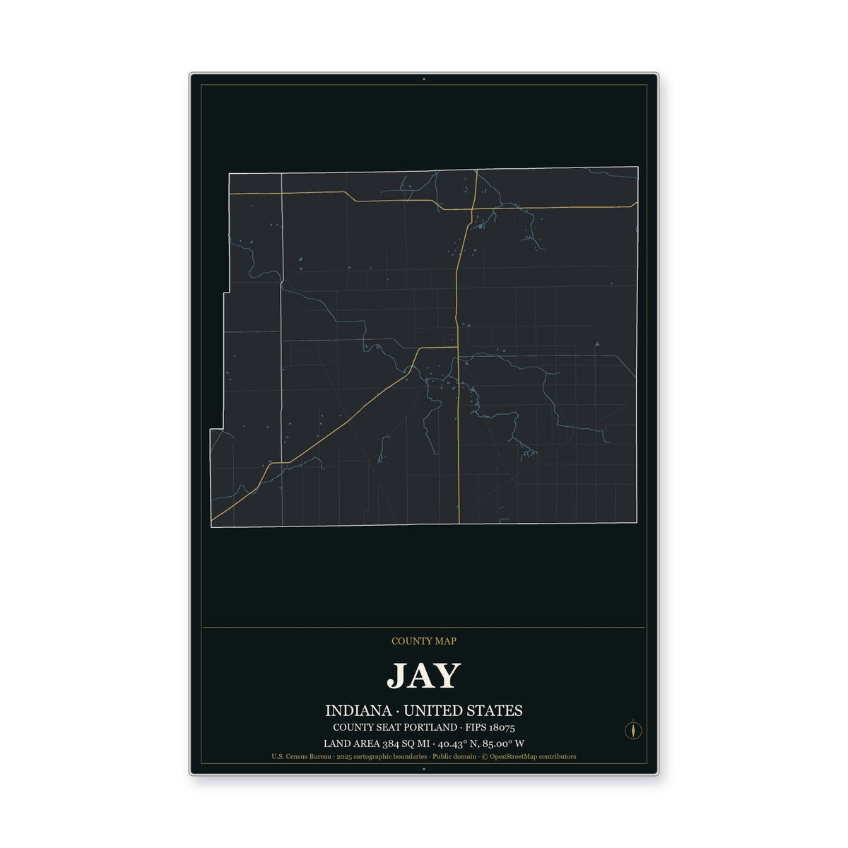 Jay County, Indiana Map Aluminum Sign in Metropolitan Noir style