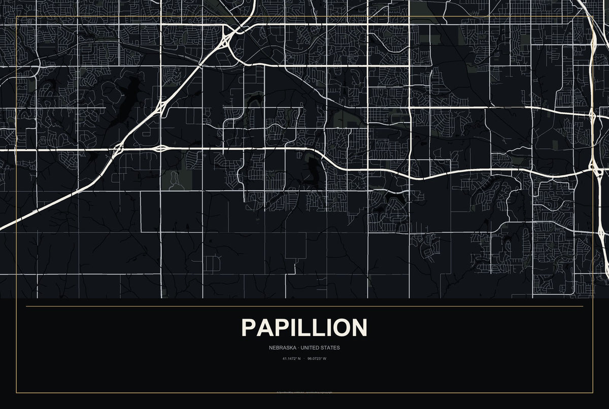 Papillion, Nebraska City Map Aluminum Sign in Metropolitan Noir style