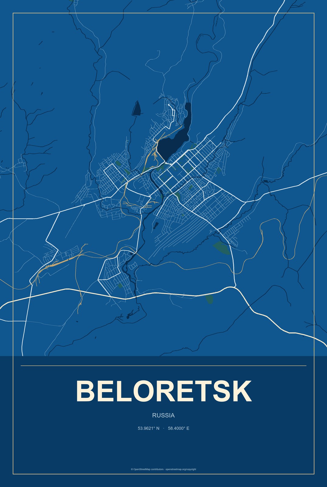 Beloretsk, Russia City Map Aluminum Sign in Harbor Cobalt style