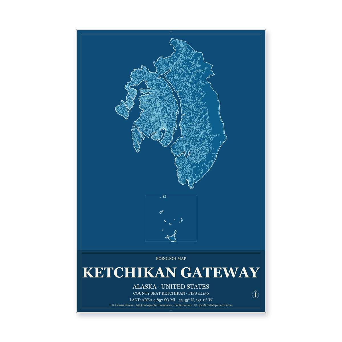 Ketchikan Gateway Borough, Alaska Map Aluminum Sign in Harbor Cobalt style