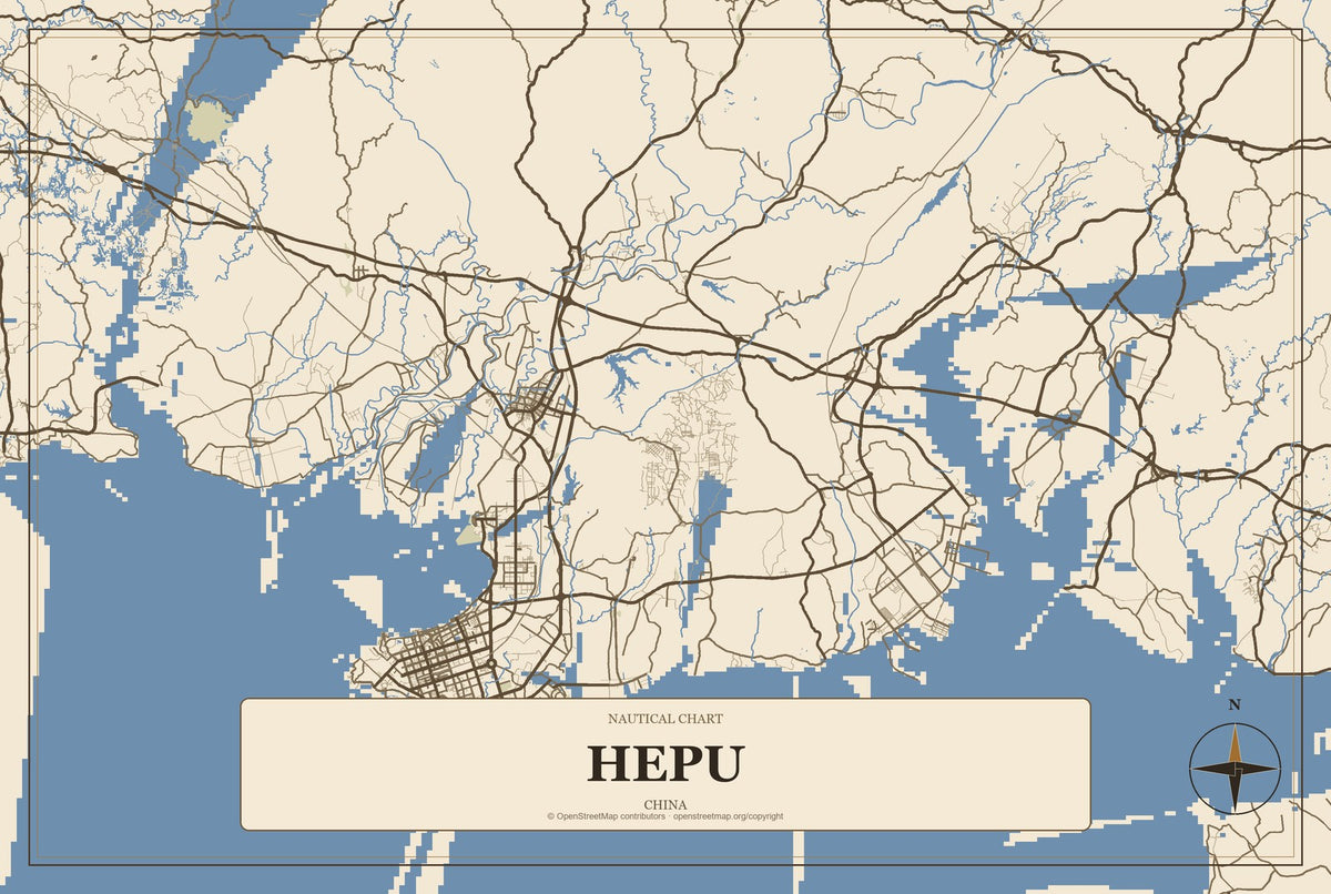 Hepu, China City Map Aluminum Sign in Heritage Nautical style