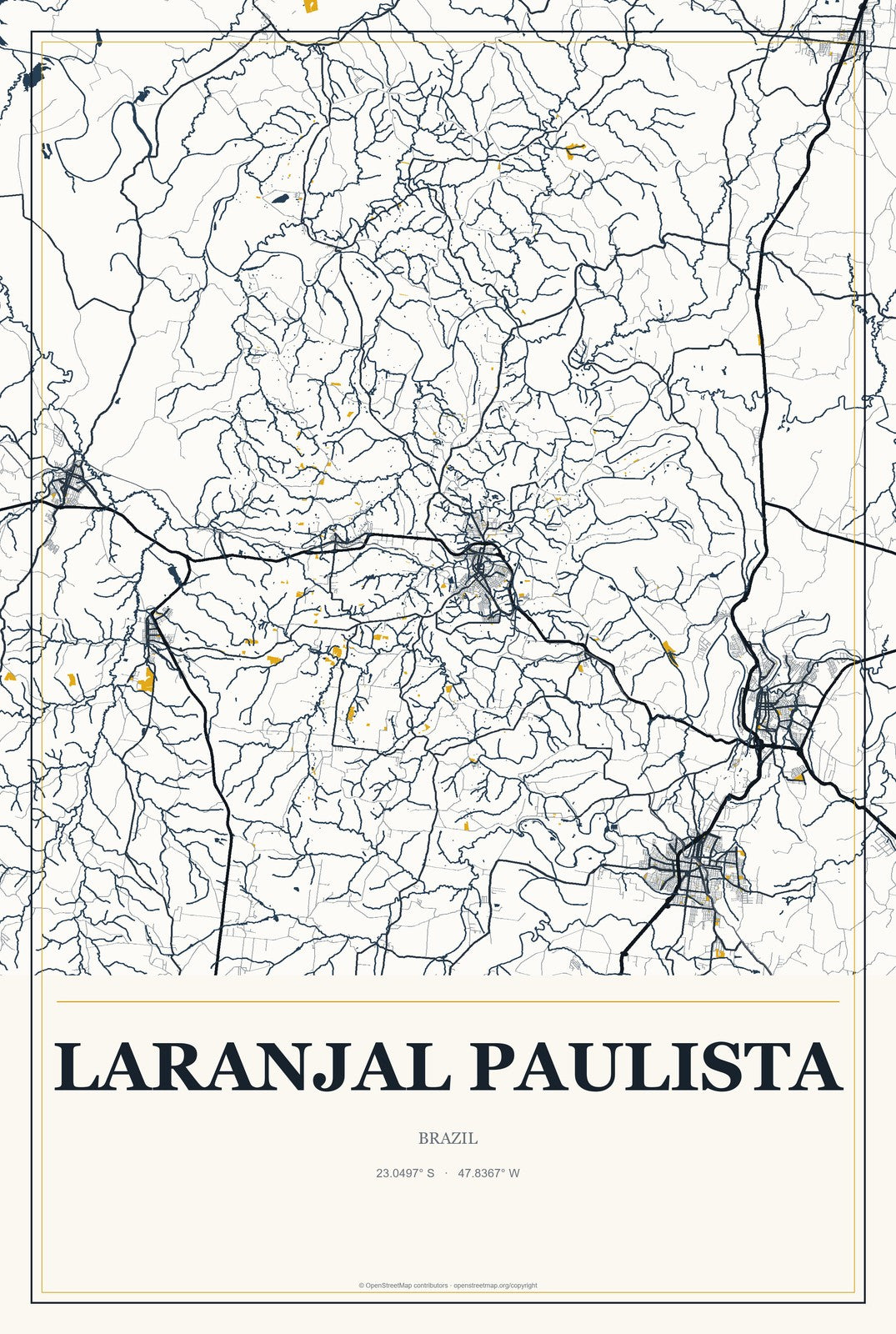 Laranjal Paulista, Brazil City Map Aluminum Sign in Citrine Modern style
