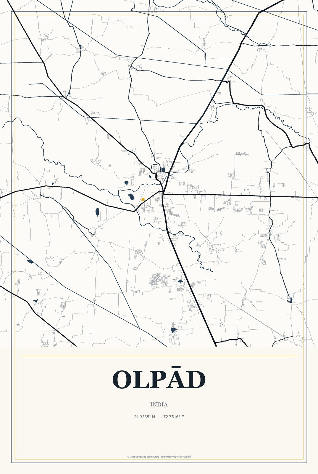 Olpād, India City Map Aluminum Sign in Citrine Modern style