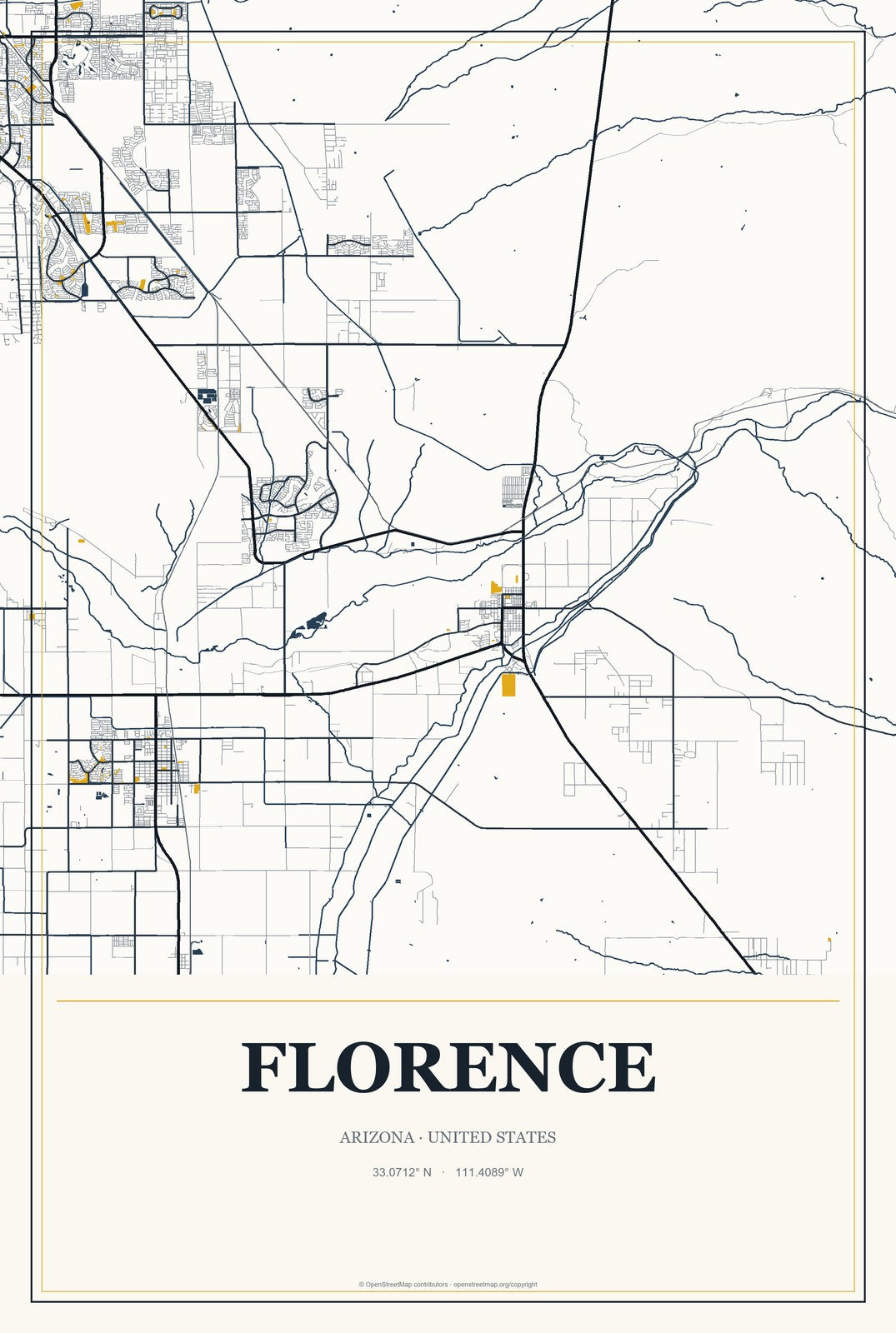 Florence, Arizona City Map Aluminum Sign in Citrine Modern style