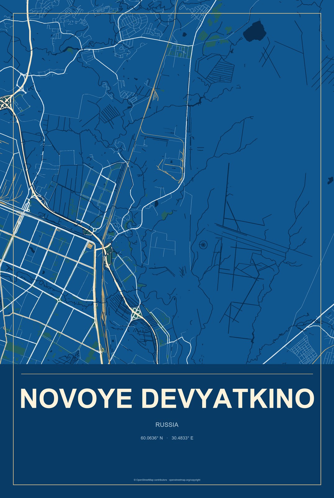 Novoye Devyatkino, Russia City Map Aluminum Sign in Harbor Cobalt style